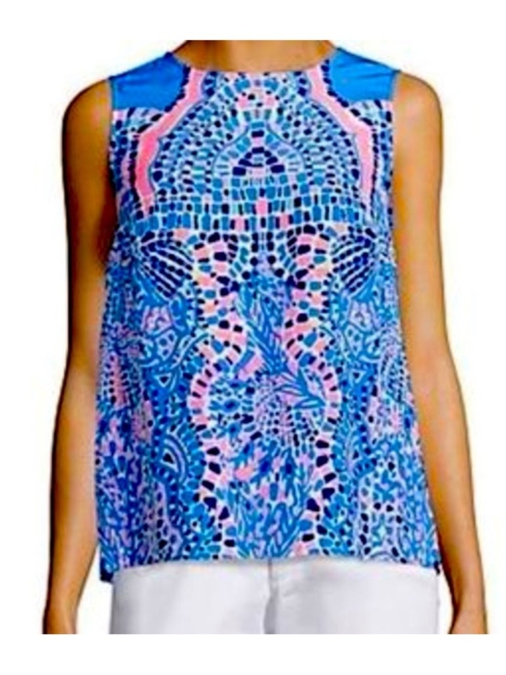 Lilly Pulitzer Silk Blue & Pink Mosaic Print Sleeveless Top w keyhole back
